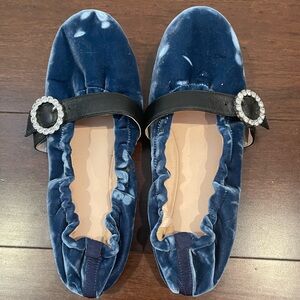 j crew Blue Velvet mary janes with black & Rhinestone Buckle 6.5